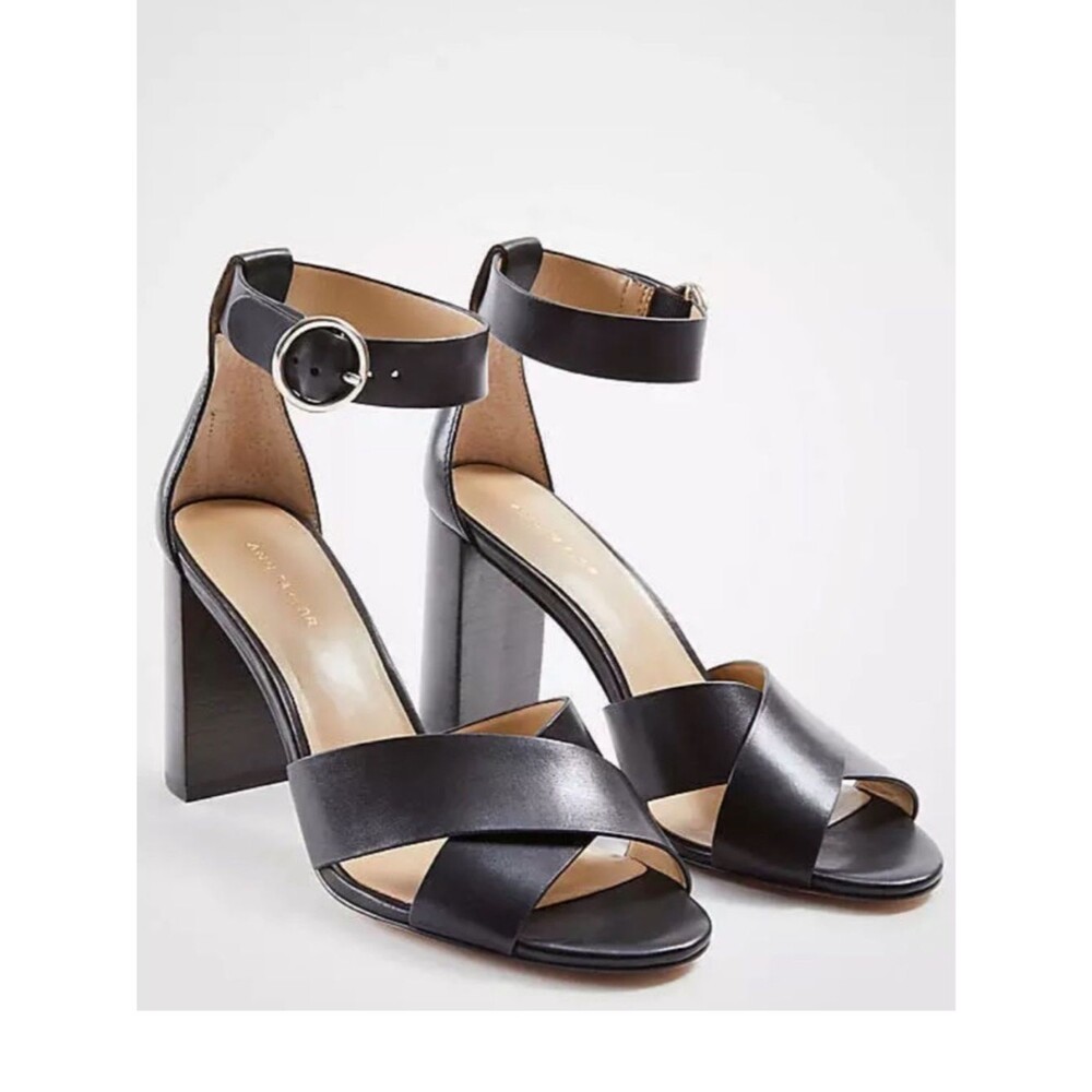 Ann Taylor Black Leather Crisscross Ankle-Strap Block Heels